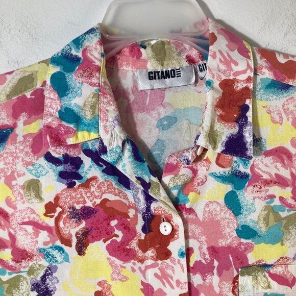 Womens Vintage Gitano Floral Button Shirt Short Sleeve L Green Pink Yellow - Picture 3 of 7